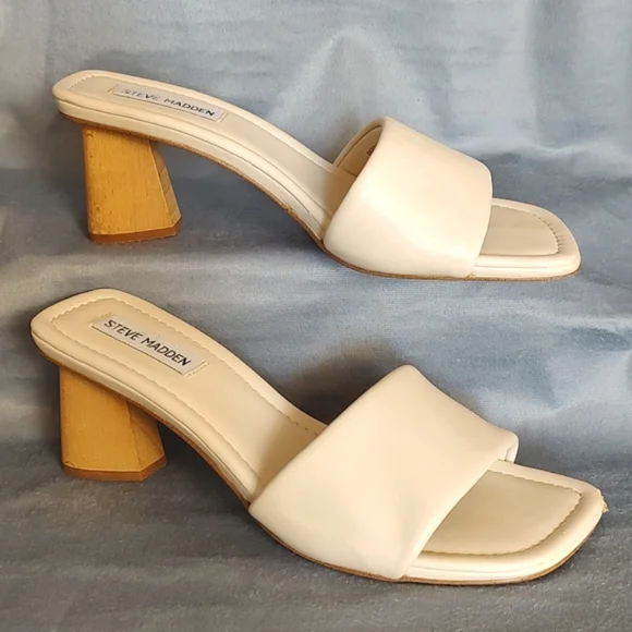 Steve Madden Modern Kinda Gal Wood Triangle Slide Sandales/Size 8 - Picture 2 of 9